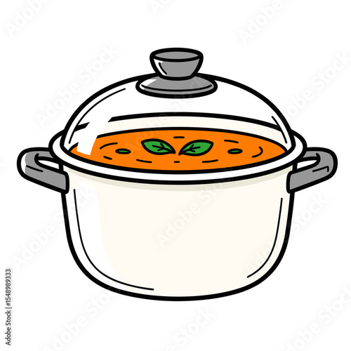 Cartoon Illustration of a White Cooking Pot with Orange Soup and Basil, Covered with a Glass Lid