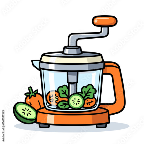 Cartoon Vegetable Chopper with Fresh Ingredients: Tomatoes, Cucumbers, and Spinach Illustration