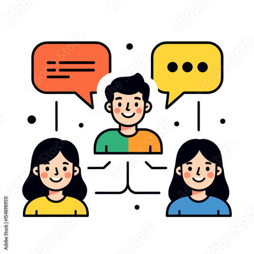 Vector Illustration of Three People Communicating with Speech Bubbles, Representing Teamwork and Collaboration