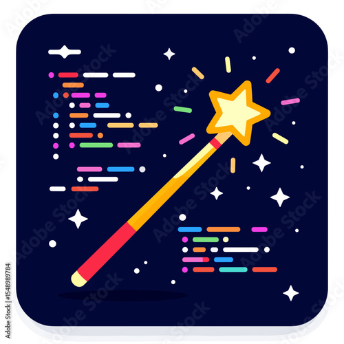 Magical Coding Wand Illustration with Colorful Code Snippets and Starry Background for Software Development