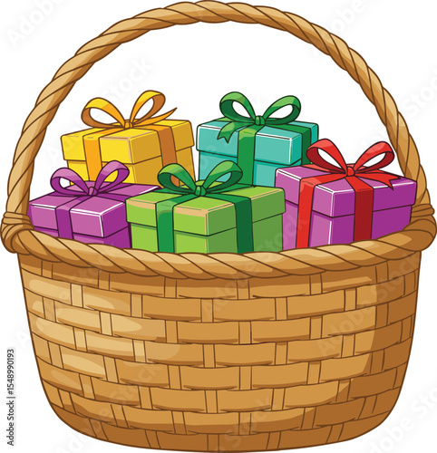 Colorful gift boxes in woven basket illustration, present collection with ribbons and bows, festive surprise hamper, cartoon design for celebration, holiday, birthday, party decor