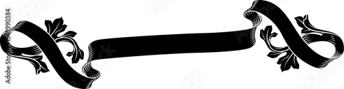 A scroll with filigree medieval crest coat of arms heraldic style pattern motif. In a vintage woodcut etching style.