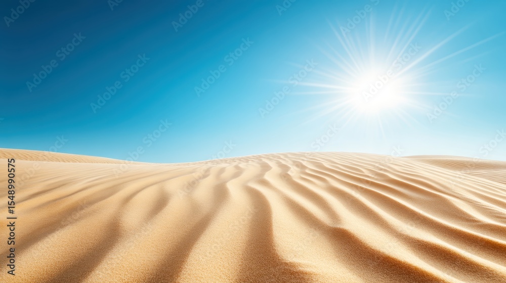 Naklejka premium A mesmerizing landscape of smooth golden sand dunes under a radiant blue sky, evoking the beauty and tranquility of nature’s most serene and untouched environments.