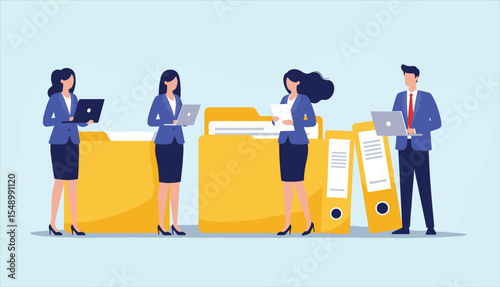 Document management, data organization, and business administration concept: Professionals working with large folders, binders, and laptops for efficient filing.