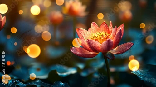 Water lily in dark water with bokeh lights