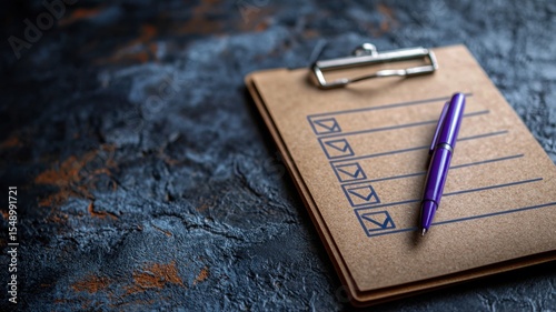 Completed Checklist on Clipboard with Purple Pen on Dark Textured Background clipboard checklist pen