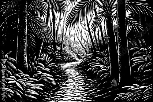 Jungle path winding through thick tropical vegetation and towering palms, a black and white sketch vector