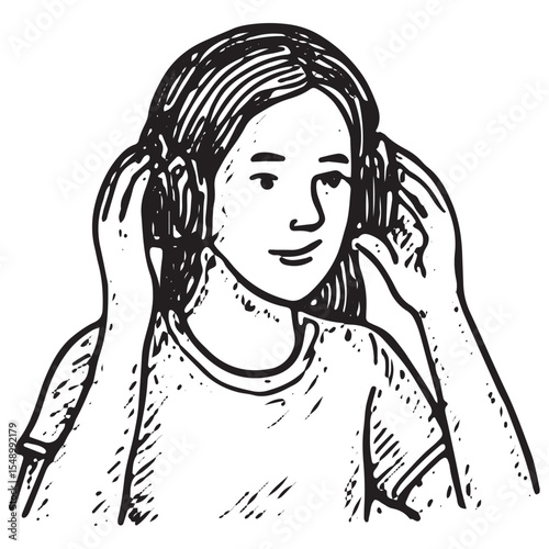 A hand-drawn sketch of a vlogger wearing headphones, smiling, capturing a daily life audio recording moment, perfect for illustrating vlogging, streaming, or podcasting setups