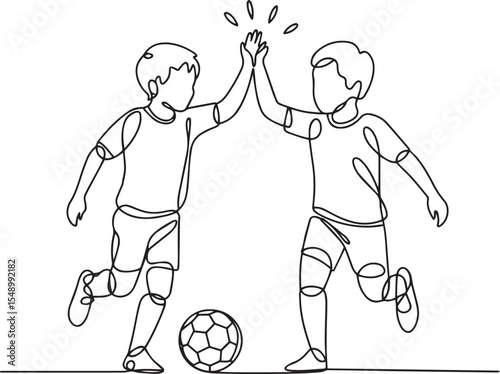 Continuous single line drawing of two young boys playing soccer and giving high-five in minimalist line art style

