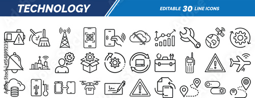 Advanced technology line icons representing big data, cloud analytics, alerts, drones, updates, device syncing, system repair, and online shopping.