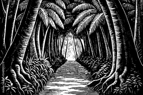 Jungle path winding through thick tropical vegetation and towering palms, a black and white sketch vector