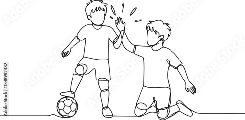 Continuous single line drawing of two young boys playing soccer and giving high-five in minimalist line art style

