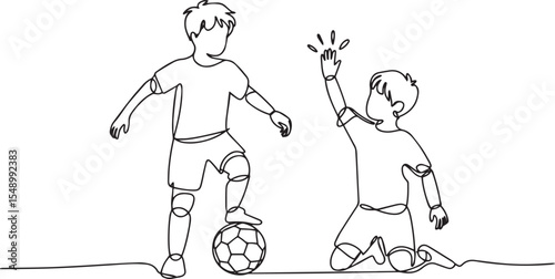Continuous single line drawing of two young boys playing soccer and giving high-five in minimalist line art style

