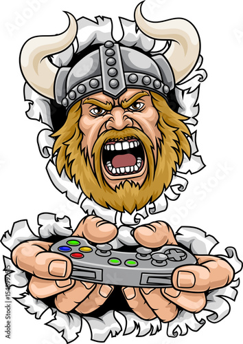 An angry Viking gamer cartoon character holding controller sports team mascot illustration.