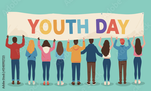 Flat vector of multiethnic youth raising 'Youth Day' banner. Great for web, social media, school events, youth organization promos, or campaign visuals