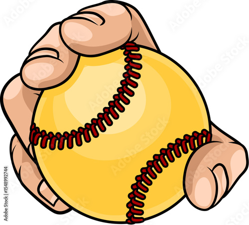 A mascot person hand or fist holding a softball ball