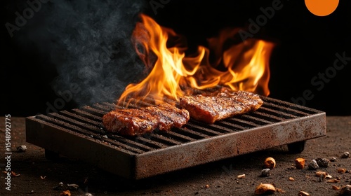 This vibrant image captures sizzling steaks cooking on a barbecue grill, showcasing the vibrant flames and inviting texture of perfectly grilled meat.