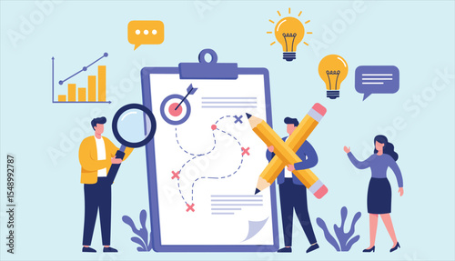 Business strategy planning, problem-solving, and creative idea generation concept: Team developing new plans, analyzing data, and brainstorming for success.