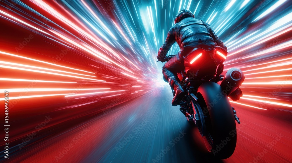 Obraz premium A dynamic image of a motorcycle rider speeding through a tunnel, illuminated by vibrant neon lights, portraying speed, adrenaline, and the thrill of the ride.