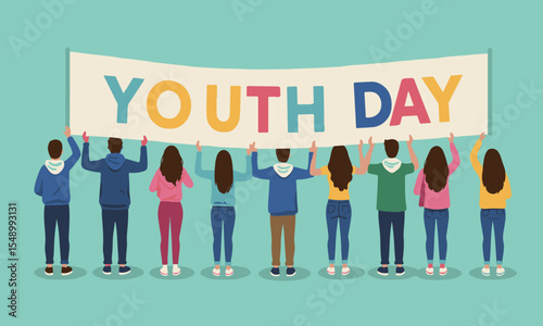 Flat vector of multiethnic youth raising 'Youth Day' banner. Great for web, social media, school events, youth organization promos, or campaign visuals