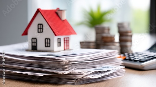 Miniature House Model on Pile of Papers with Coins and Calculator