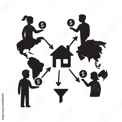 Global Money Transfer and Remittance Vector Silhouette Illustration