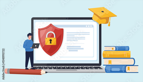Secure online education, e-learning data privacy, and safe academic platform concept: Student using laptop with padlock shield for protected study.
