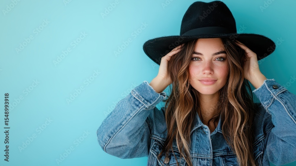 A stylish young woman wearing a black hat and denim jacket poses confidently against a vibrant blue backdrop, capturing a moment of modern fashion and youthful energy. A stylish young woman wearing a black hat and denim jacket poses confidently against a vibrant blue backdrop, capturing a moment of modern fashion and youthful energy.
