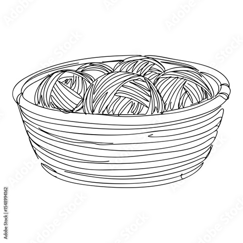 Vector line art of a simple round basket filled with yarn balls, minimalistic illustration for knitting and crafting design projects