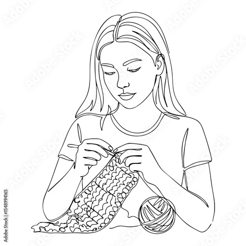 Vector line art of a young woman knitting with yarn and needles, detailed single line style for handmade and crafting visuals