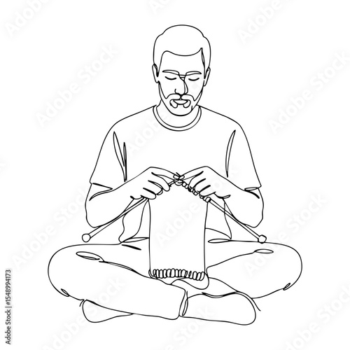 Vector line art of a man sitting cross-legged and knitting, representing gender inclusivity and creativity in textile crafts