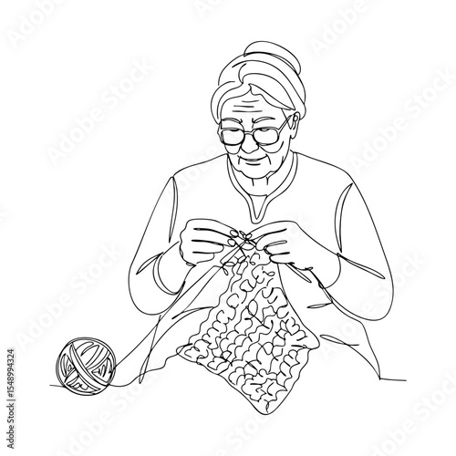 Vector line art of elderly woman knitting a large patterned textile with yarn ball, sitting and focused on her work