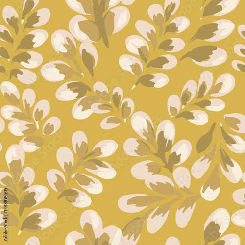 Seamless vector pattern with artistic beige and taupe leaves on a mustard yellow background. Design for textile, prints, packaging, wallpapers, natural themed branding