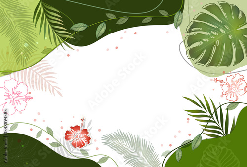 Summer framework background template of stylized tropical plants in geen colors . Invitation, presentation, greeting concept . Flat lay ,free copy space.