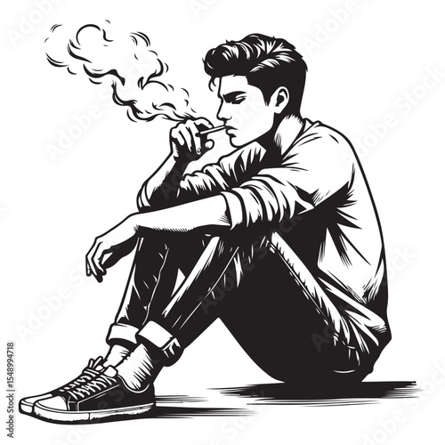 Young man sitting and smoking image vector