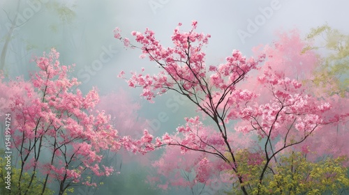 Serene Pink Cherry Blossom Trees in Misty Atmosphere at Dawn