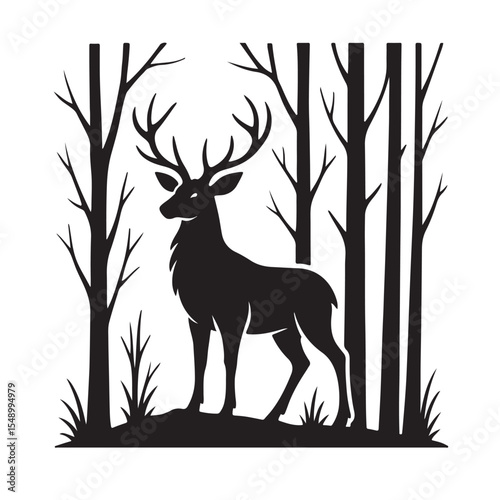 Wild Deer Silhouette in Forest Trees Wildlife Vector Illustration