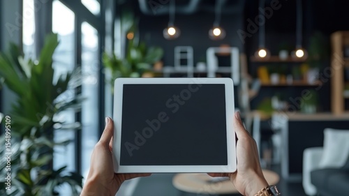 Hands Holding Digital Tablet with Blank Screen in Modern Office hands holding tablet screen digital
