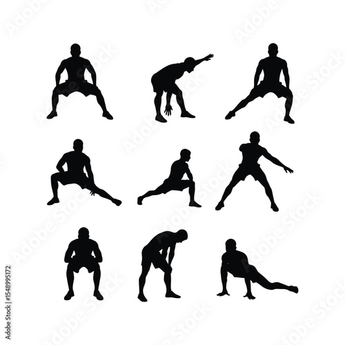 Nine diverse male stretching exercises silhouettes fitness workout warmup cooldown bodybuilding athletic poses