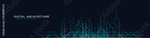 Futuristic Digital Architecture Background With Glowing Lines And Abstract Circuit Grid On Dark Tech Surface. Concept Of Network Complexity And Machine Logic Design. Vector Illustration.