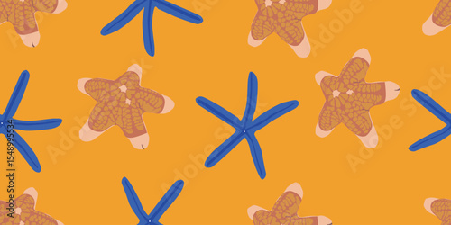 Star fish seamless pattern. Summer marine animal background design. Vacation travel concept. Starfish flat cartoon backdrop illustration.