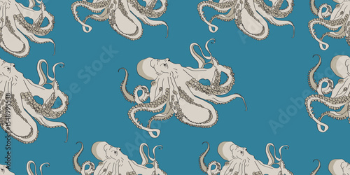 Detailed seamless pattern with octopus.Endless texture can be used for wallpaper, pattern fills, wrapping paper. Vector.
