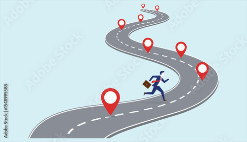 Business journey, career path, and goal achievement concept: Man running on winding road with milestones, symbolizing progress, future success, and strategic planning.