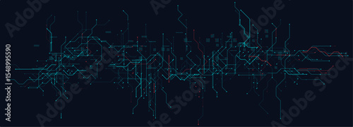 Cyber Circuit Lines With Red and Blue Tech Grid on Dark Background. Futuristic digital interface design with complex technology wiring and glowing nodes. Vector Illustration