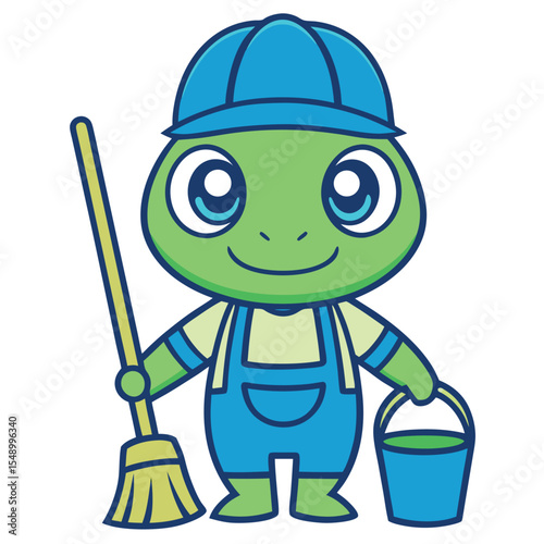 Cute cartoon frog character dressed as a cleaner with broom and bucket