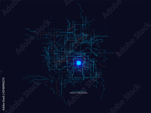 Big Data Processing Center Glow Grid. Futuristic Neural Network Flow With Bright Core On Dark Tech Background. Ideal For AI, Machine Learning And Cyber Concepts. Cyberspace map BG.Vector Illustration.