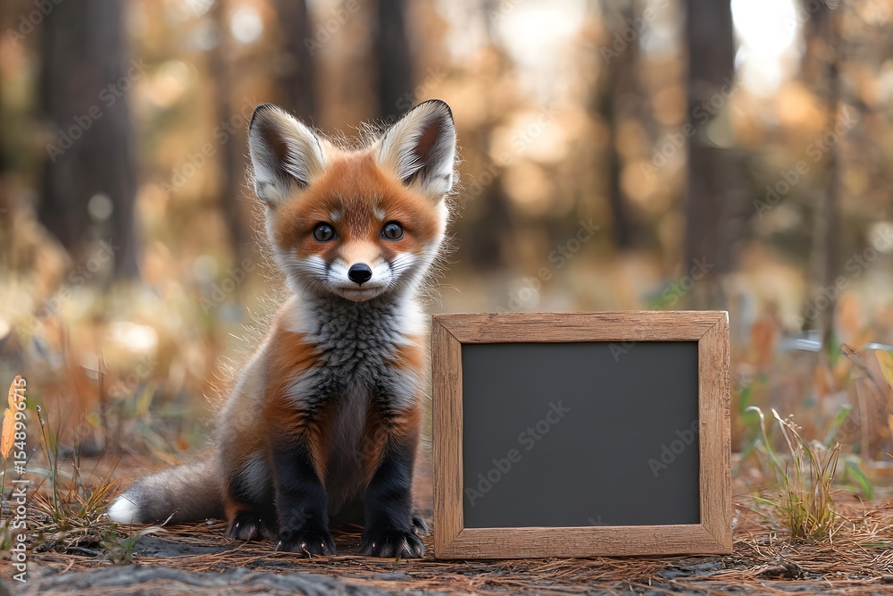 Obraz premium baby fox sitting in front of a clean billboard-style sign, forest background with bright natural light 