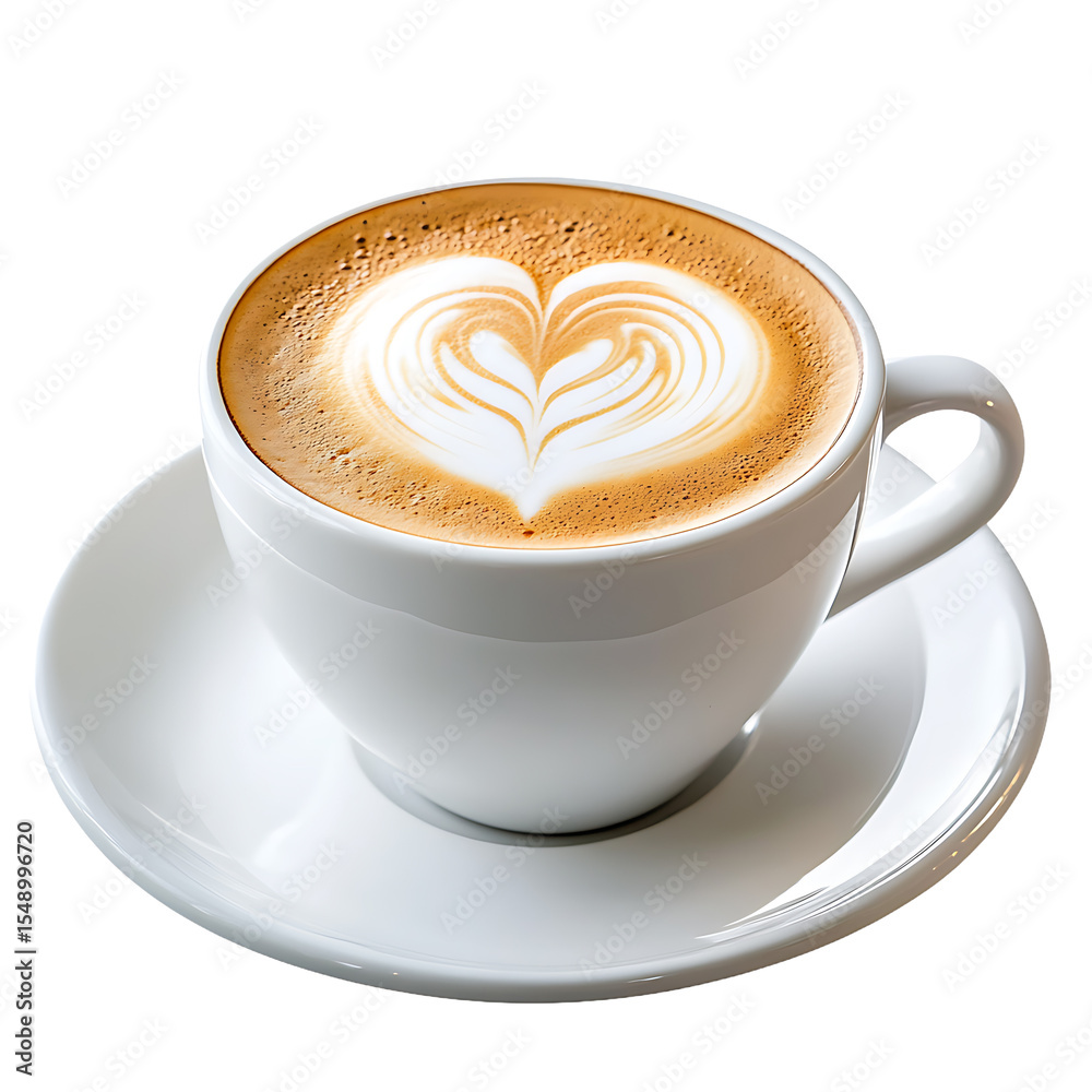 Obraz premium A white cup of coffee with heart-shaped latte art on a saucer