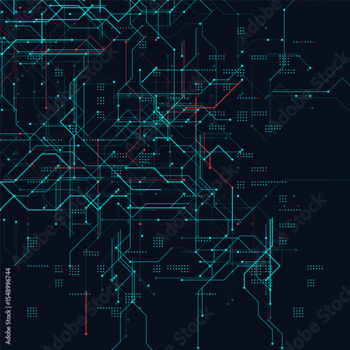 Futuristic Neural Circuit Board Design With Glowing Data Connections and Complex Cyber Grid Elements on Dark Tech Background. High-Tech Abstract Network Visualization. Vector Illustration.