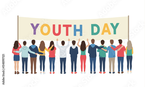 Youth Day vector illustration with diverse young people holding a colorful banner. Perfect for international youth day campaigns, education, NGO, and community posters